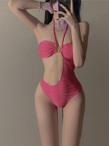 Pink Irregular One-Piece Bikini