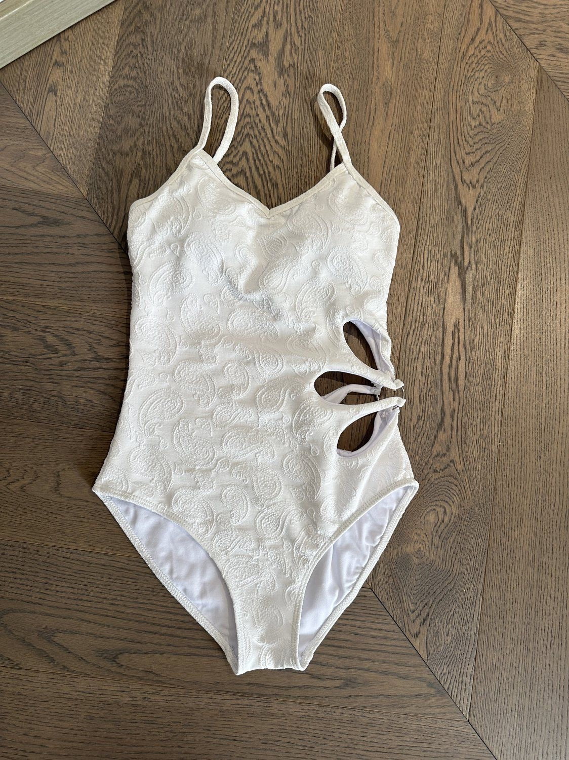 Textured Cut-Out One Piece Swimsuit | Women's Black Jacquard Spaghetti Strap Bodysuit | Sexy Midriff Hollow Swimwear