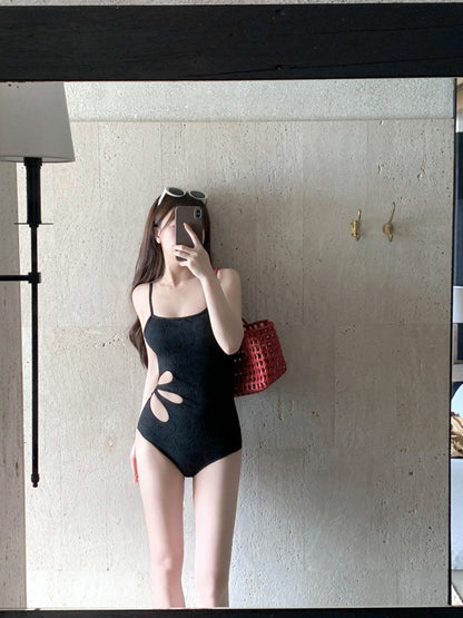 Textured Cut-Out One Piece Swimsuit | Women's Black Jacquard Spaghetti Strap Bodysuit | Sexy Midriff Hollow Swimwear