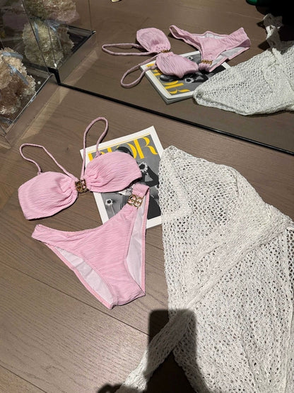 Peony Pink Halter Bikini Three-Piece Set with Fishnet Skirt