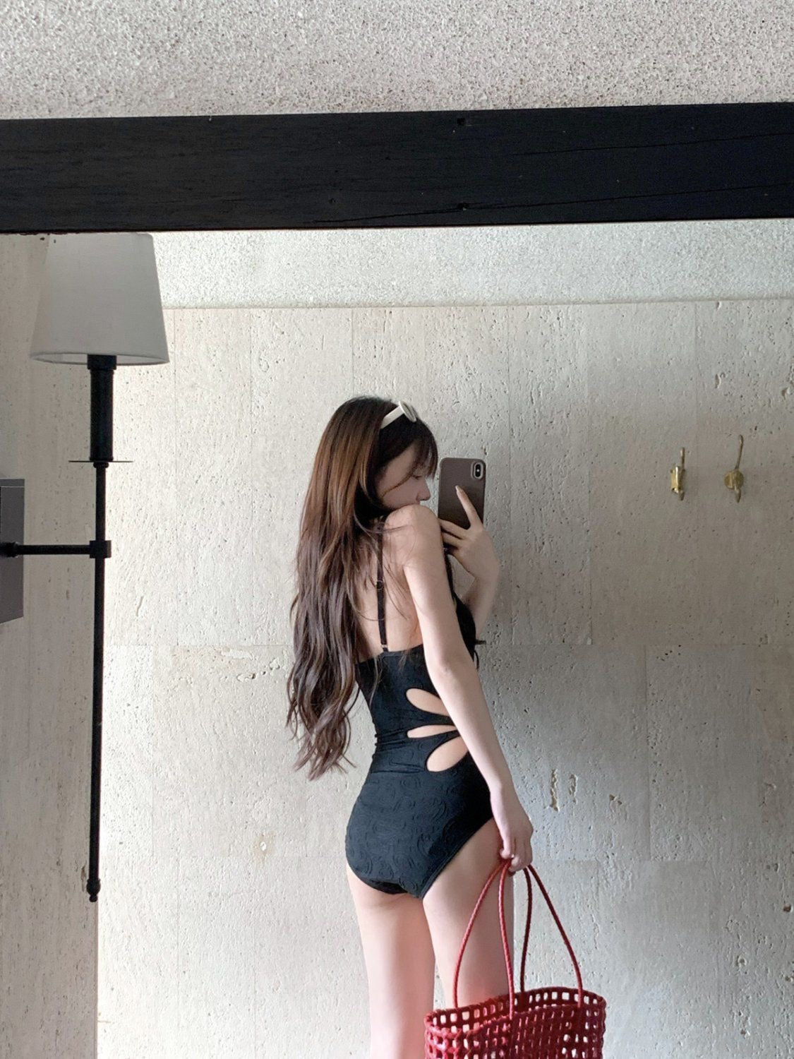 Textured Cut-Out One Piece Swimsuit | Women's Black Jacquard Spaghetti Strap Bodysuit | Sexy Midriff Hollow Swimwear