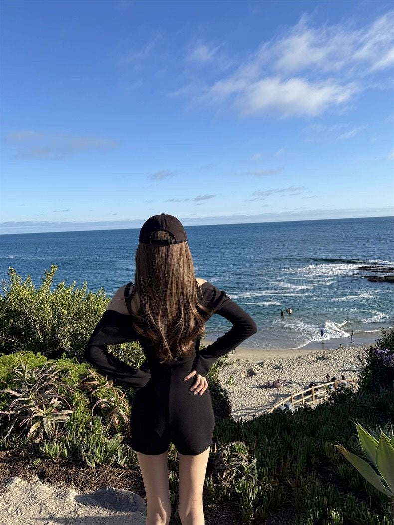 NNA SWIM Sculpt Fit Long Sleeve One Piece Swim Romper | Slimming Surf Suit with Shorts & Square Neck | UV Protection Active Swimwear for Women