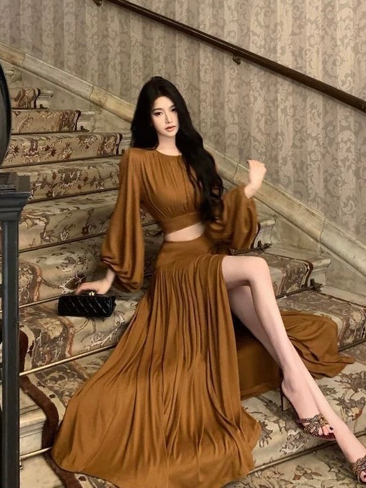 Elegant Pleated Two-Piece Set – Coffee Brown