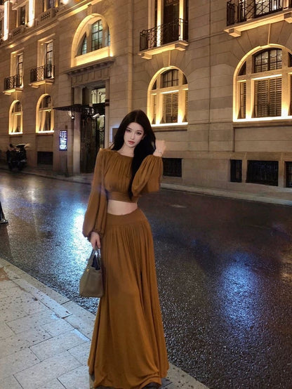 Elegant Pleated Two-Piece Set – Coffee Brown