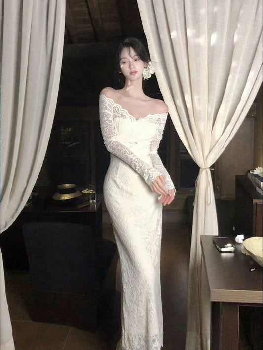 Off-Shoulder Lace Long Sleeve Maxi Dress