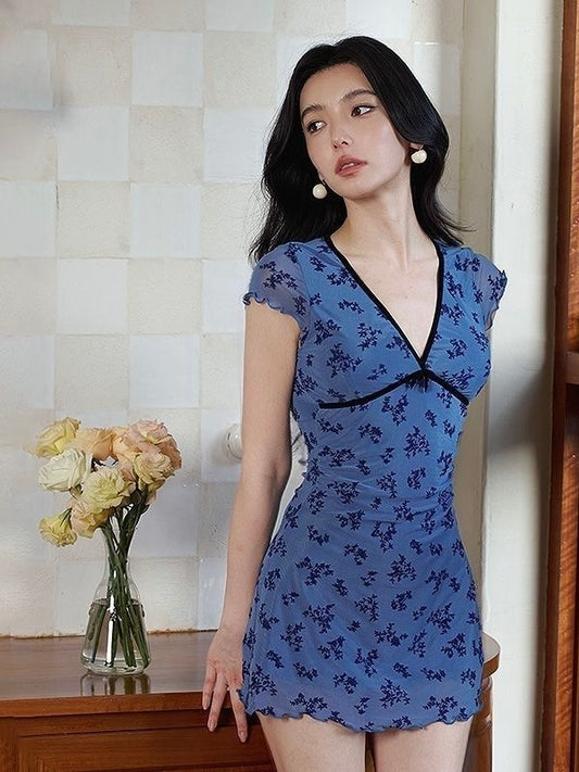 Floral Lace-Trim Mini Swimdress - Blue Vintage Elegance