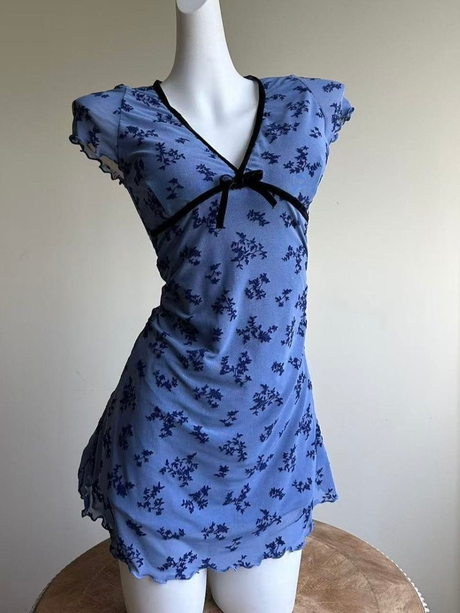 Floral Lace-Trim Mini Swimdress - Blue Vintage Elegance