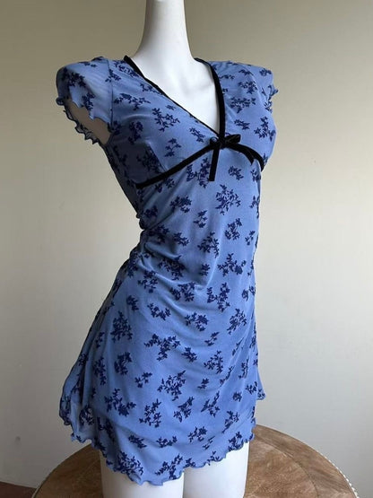 Floral Lace-Trim Mini Swimdress - Blue Vintage Elegance