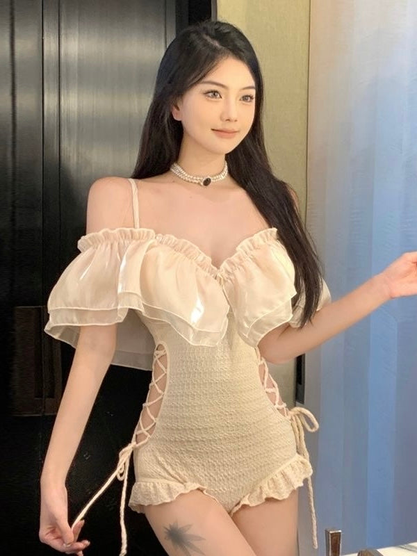 Off-Shoulder Ruffle One-Piece Swimsuit - Ivory Romance