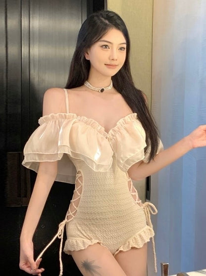 Off-Shoulder Ruffle One-Piece Swimsuit - Ivory Romance