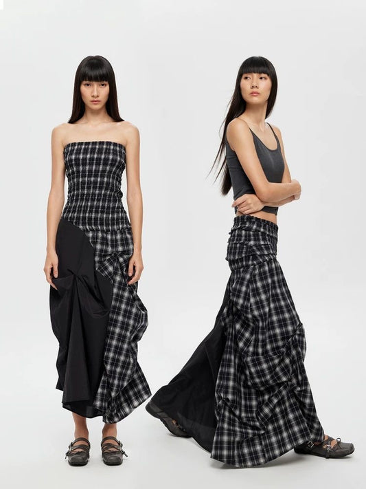 Dual-Wear Structured Plaid Strapless Maxi Dress