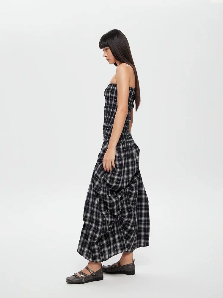 Dual-Wear Structured Plaid Strapless Maxi Dress