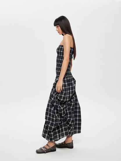Dual-Wear Structured Plaid Strapless Maxi Dress