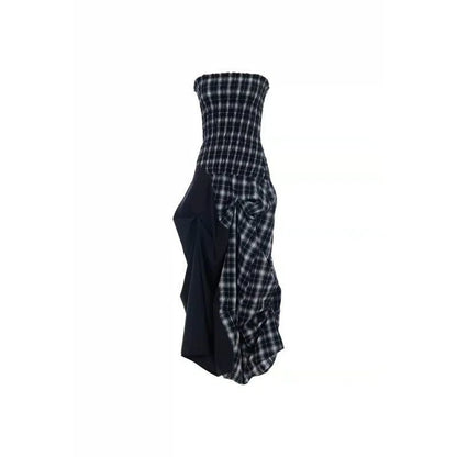 Dual-Wear Structured Plaid Strapless Maxi Dress