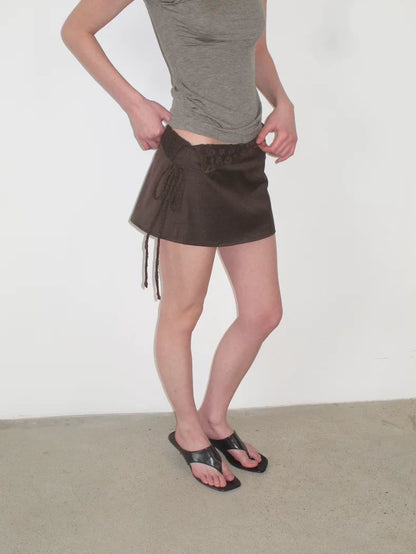 Patchwork Layered Sheer Skirt-Pants with Belt – Low-Saturation Chestnut Brown