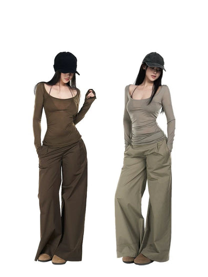 Low-Rise Frayed Hem Wide-Leg Trousers – New Commuter Style