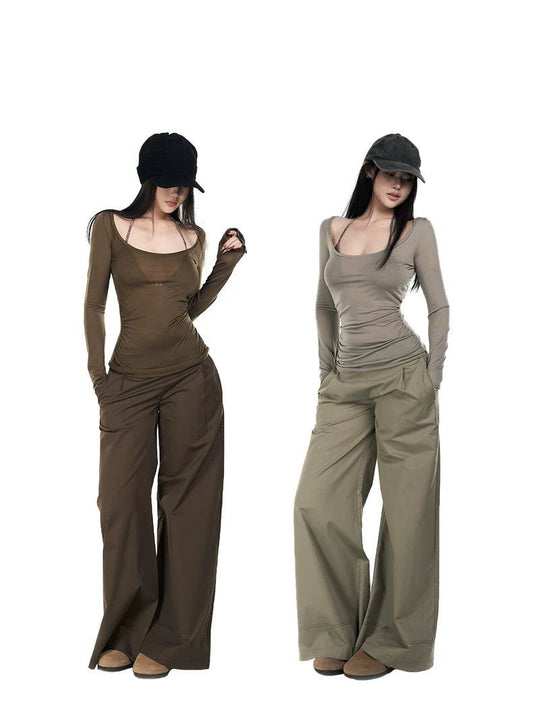 Low-Rise Frayed Hem Wide-Leg Trousers – New Commuter Style