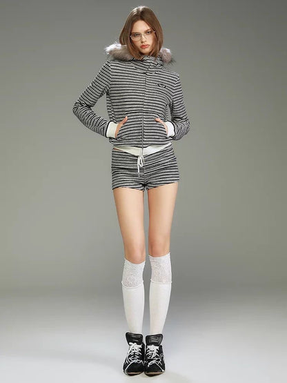 Vintage American Faux-Fur Collar Striped Hoodie Set – Crop Top & Shorts
