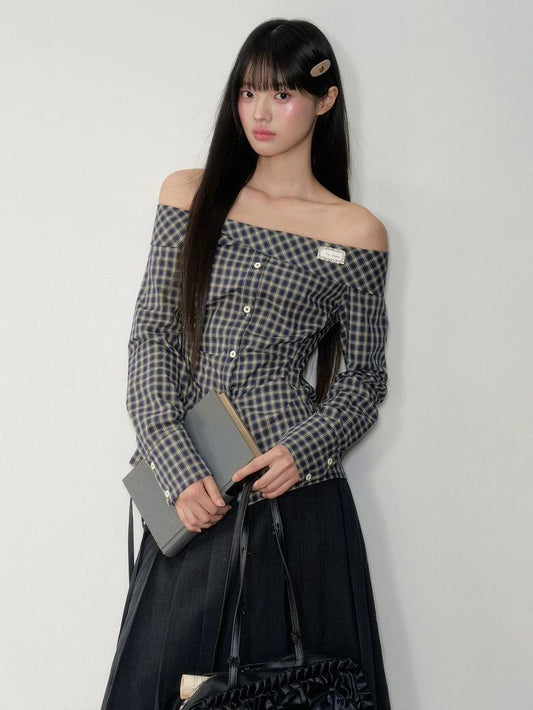 Navy Off-Shoulder Korean-Style Waist-Defined Slimming Plaid Shirt Dress