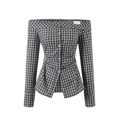 Navy Off-Shoulder Korean-Style Waist-Defined Slimming Plaid Shirt Dress