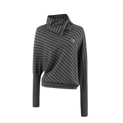 Striped Knit Polo Sweater – Batwing Sleeve Loose Fit Top