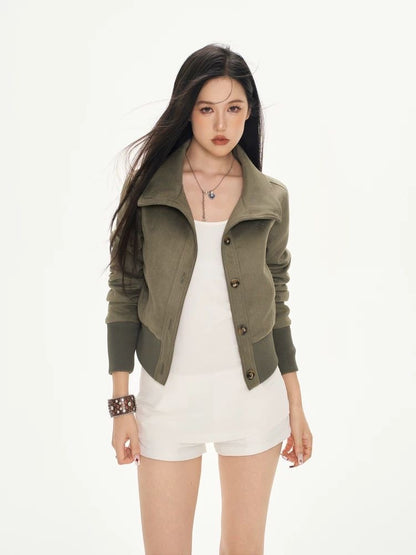 Cropped Suede-Look Jacket – Waist-Defined Slim Fit