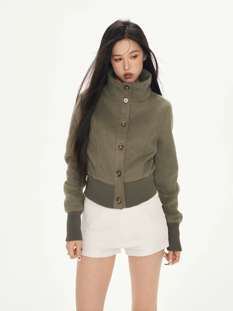 Cropped Suede-Look Jacket – Waist-Defined Slim Fit