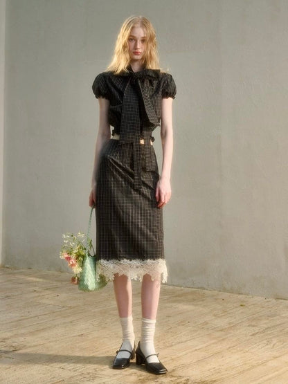 Checkered Bow-Tie Top & Lace-Trim Skirt Set
