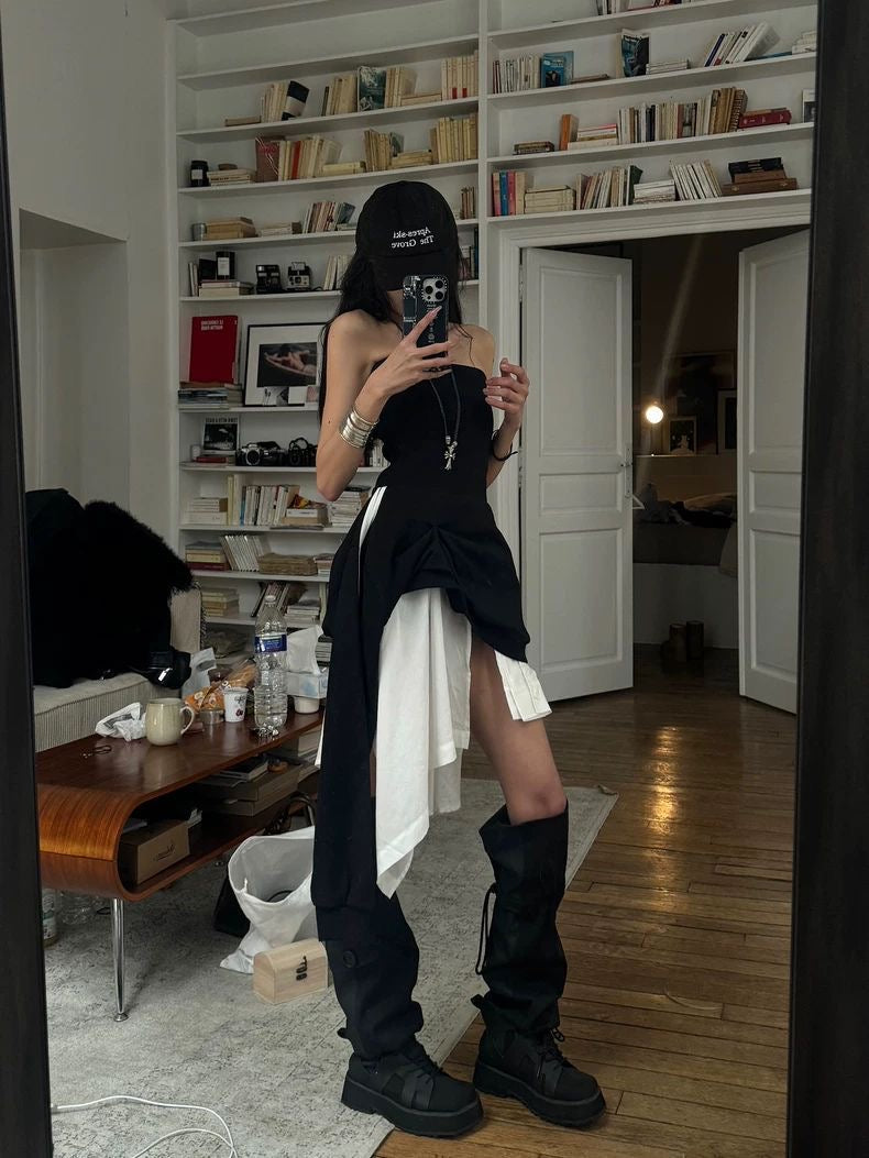Black Strapless Asymmetrical Dress