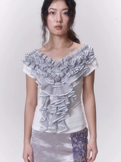 Wavy Trim Off-Shoulder Short Sleeve Top