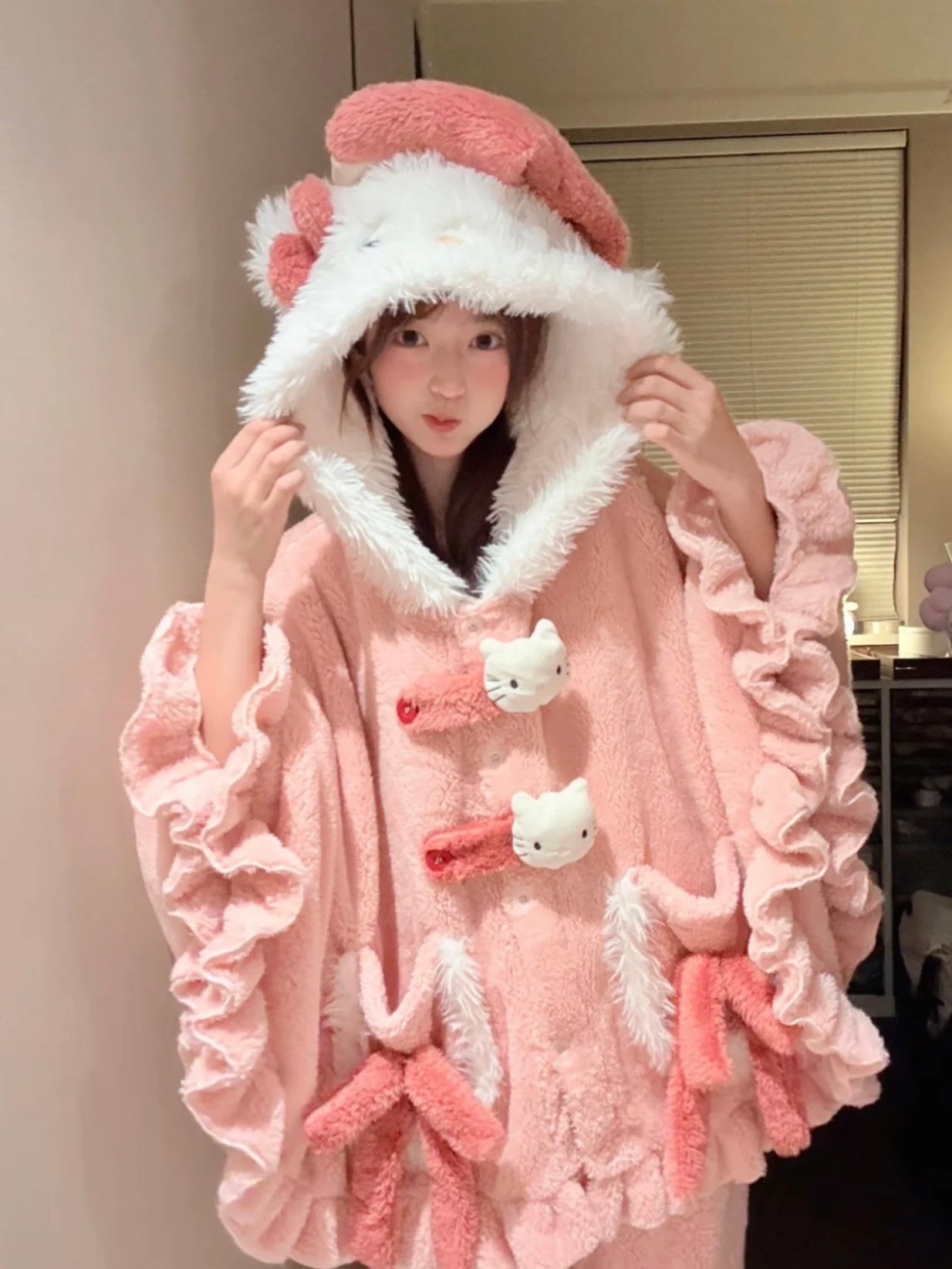 Hello Kitty Pink Coral Fleece Hooded Cape Pajama