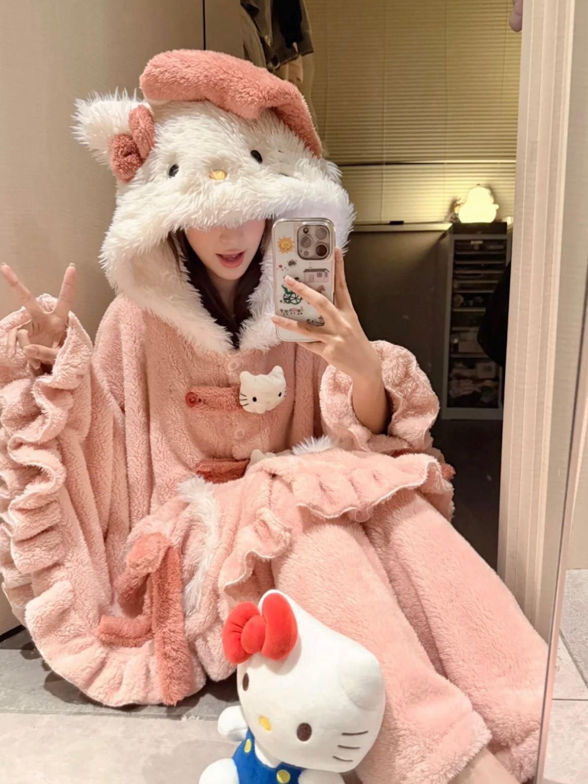 Hello Kitty Pink Coral Fleece Hooded Cape Pajama