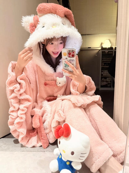 Hello Kitty Pink Coral Fleece Hooded Cape Pajama