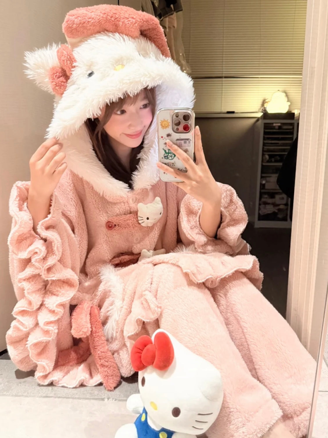 Hello Kitty Pink Coral Fleece Hooded Cape Pajama