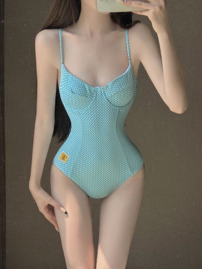 Aqua Gingham One-Piece Swimsuit With Skirt And Cover-up