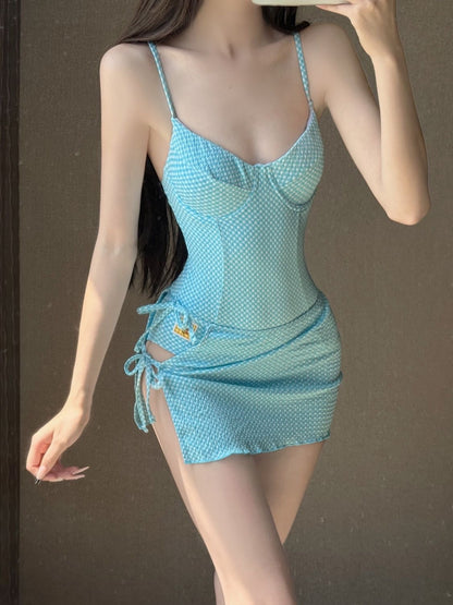 Aqua Gingham One-Piece Swimsuit With Skirt And Cover-up