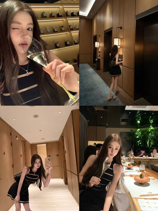 Collage of a woman in a black and white dress in various settings, including a restaurant and a hallway.