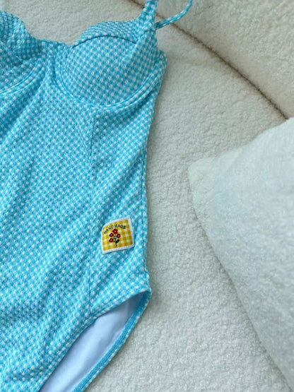 Aqua Gingham One-Piece Swimsuit With Skirt And Cover-up
