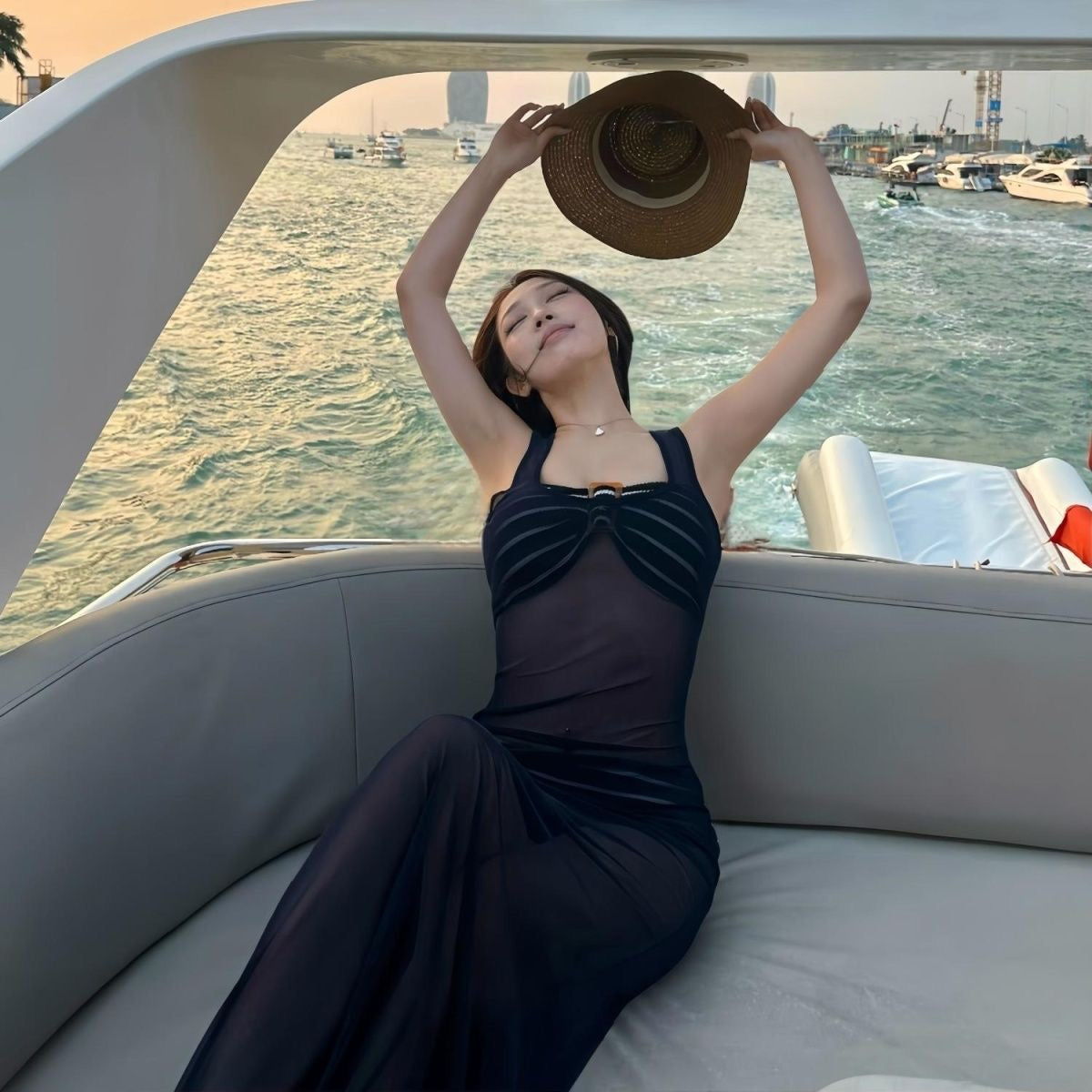 Deep Blue Sheer Mesh Beach Cover-Up – Striped Bikini Top