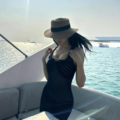 Deep Blue Sheer Mesh Beach Cover-Up – Striped Bikini Top