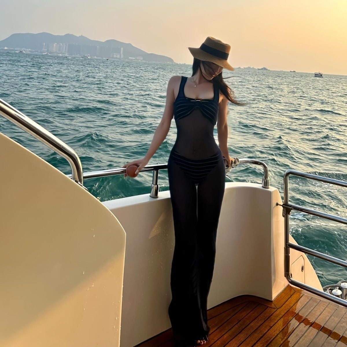 Deep Blue Sheer Mesh Beach Cover-Up – Striped Bikini Top