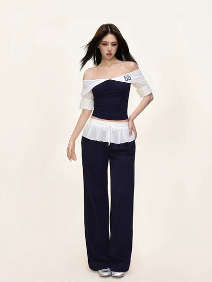 Sporty Sweetheart Off-Shoulder Top with Ruffle Trim & Curved-Hem Colorblock Pants