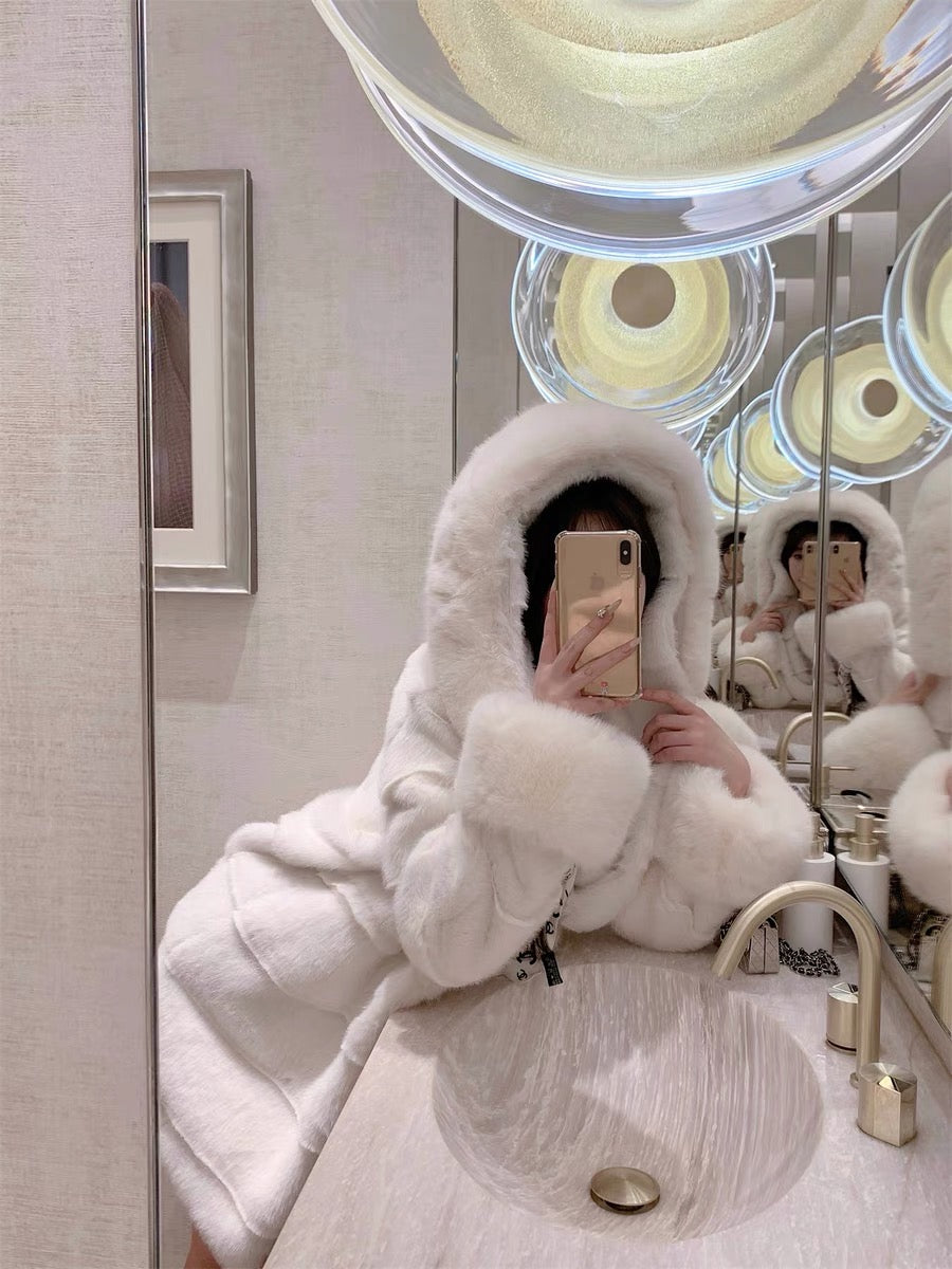 ‘Snow Fairy’ - Hooded Mid-Length White Fur Coat