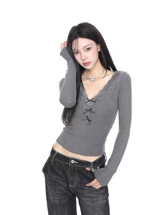 Grey Scheme - V-Neck Slim Fit Knit Bottom Top