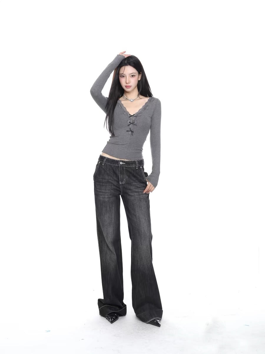 Grey Scheme - V-Neck Slim Fit Knit Bottom Top