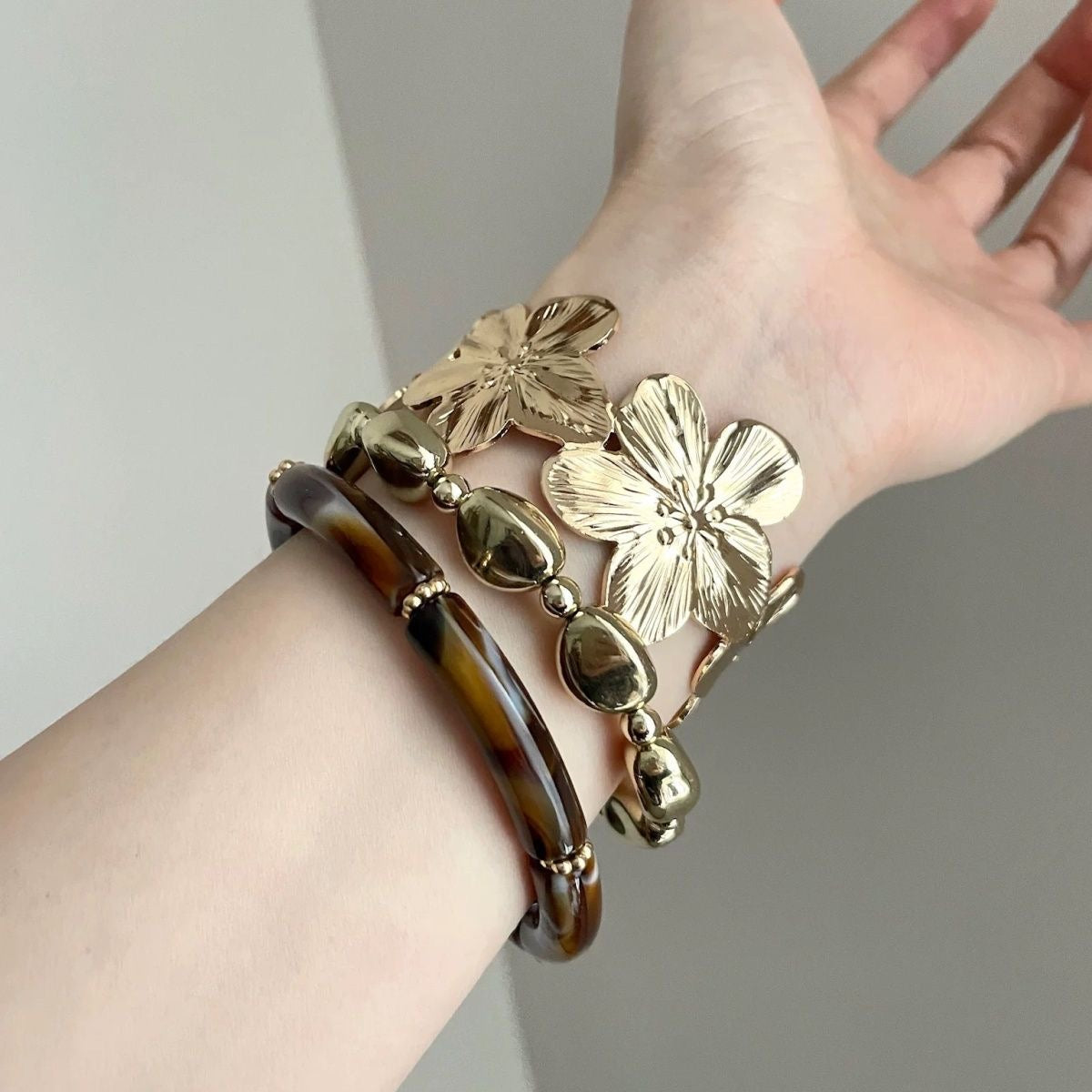 INNA Golden Bloom Statement Floral Cuff Bracelet Set