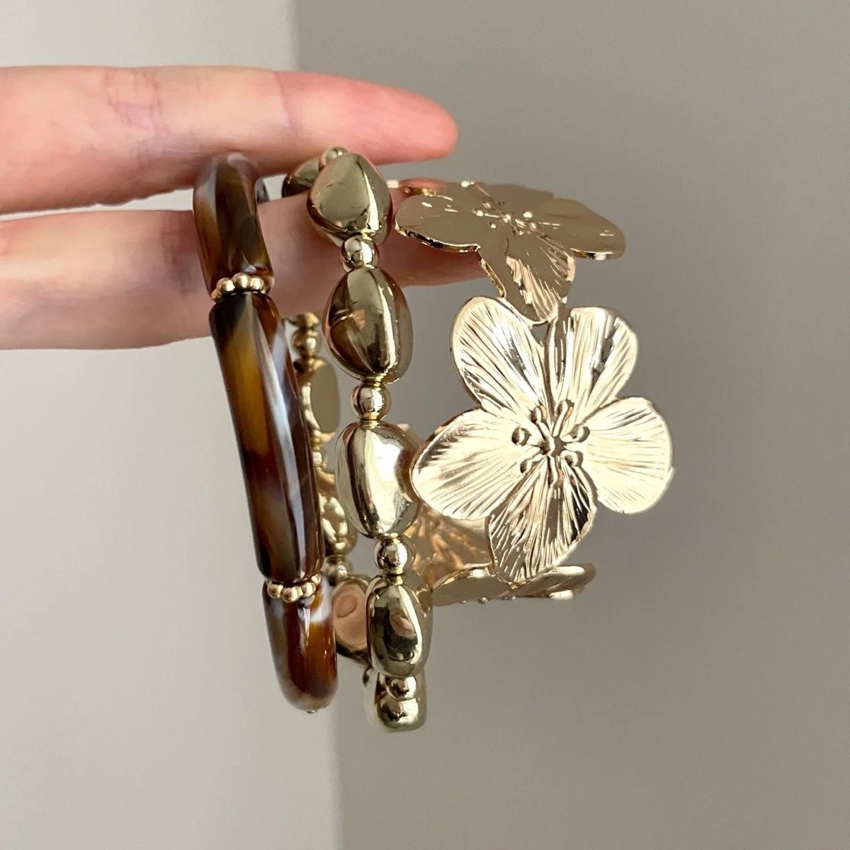 INNA Golden Bloom Statement Floral Cuff Bracelet Set