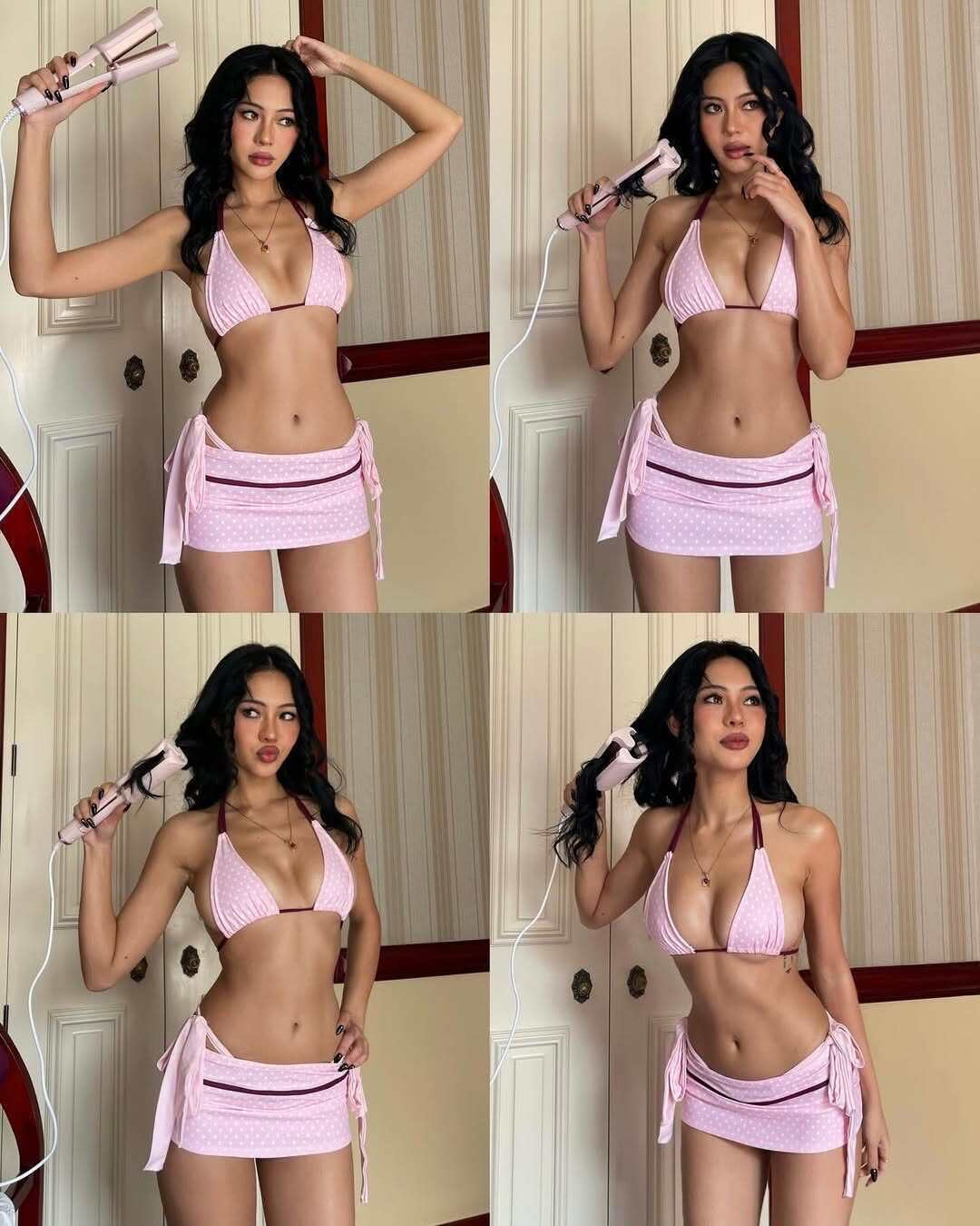 Vintage Soft Pink Halter Bikini Set with Matching Tie Side Mini Skirt