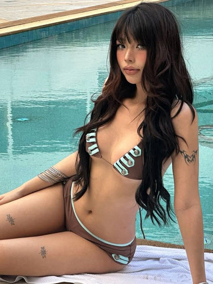 Vintage Contrast Trim Triangle Bikini Set with Button Detail Bottoms