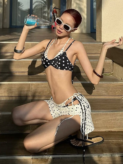 Classic Polka Dot Bikini Set with Tie Side Skirt Overlay